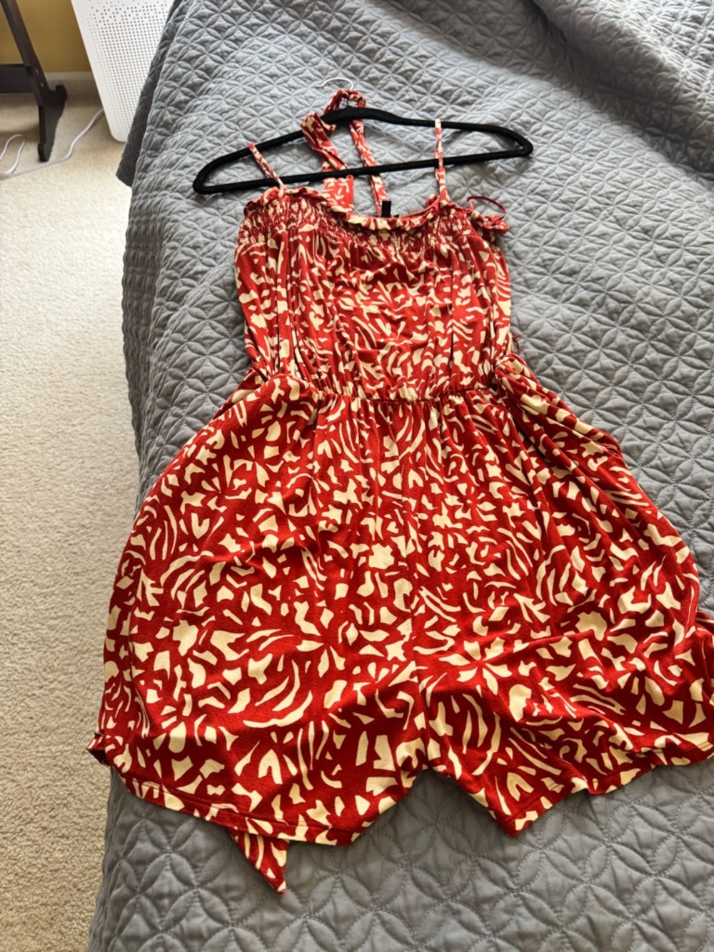 Red and Cream Print Spaghetti-Strap Romper